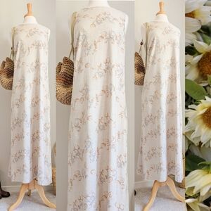 90s Linen Floral Sleeveless Long Neutral Vintage Longline Cottagecore Maxi Dress